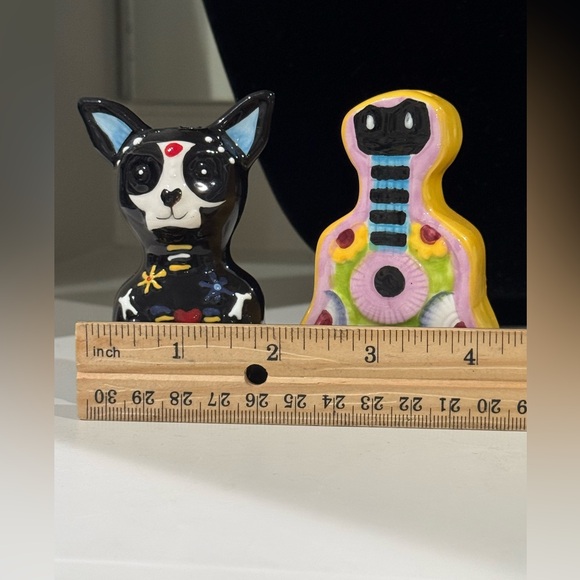 Day of The Dead Guitar Dog  Salt Pepper Shaker Set Ceramic 3.25”Glazed Colorful - Picture 8 of 9